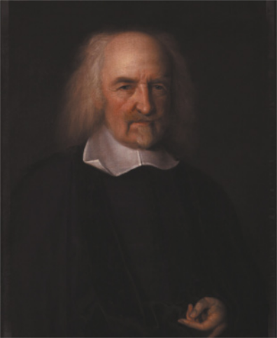 Pintura representando Thomas Hobbes. Ele é branco, idoso, calvo, possui cavanhaque e usa casaco com colarinho.
