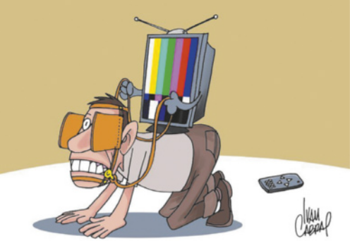 Charge que representa uma televisão conduzindo um homem. Ele está com cabresto, palas e rédeas, está com os dentes expostos e engatinha com os olhos arregalados. Atrás dele, há um controle remoto no chão. A televisão está fora do ar, com faixas verticais coloridas na tela.