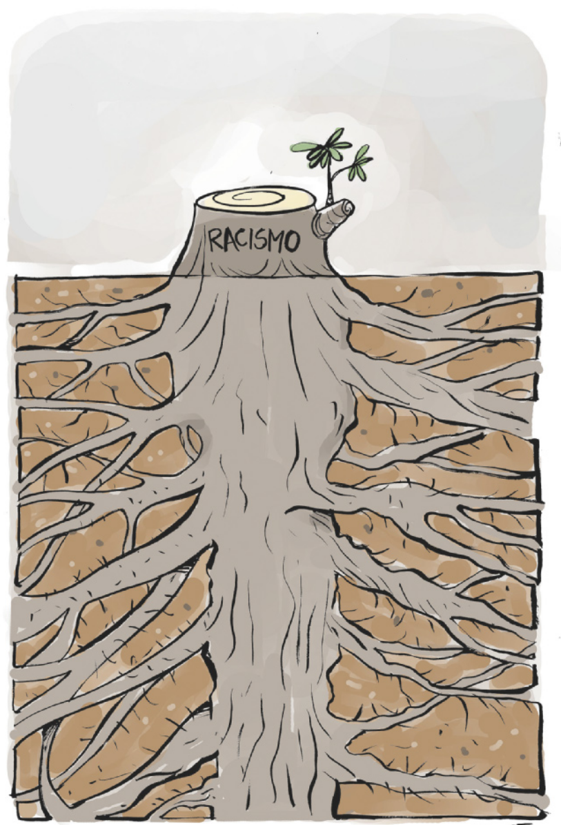 Charge sobre racismo, representado por uma árvore cortada rente à base. Algumas folhas brotam em um galho. As raízes da árvore se ramificam e se estendem verticalmente pelo solo.