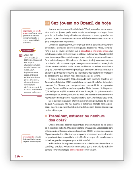 Reprodução de página do livro contendo o boxe glossário e o boxe saiba mais.
