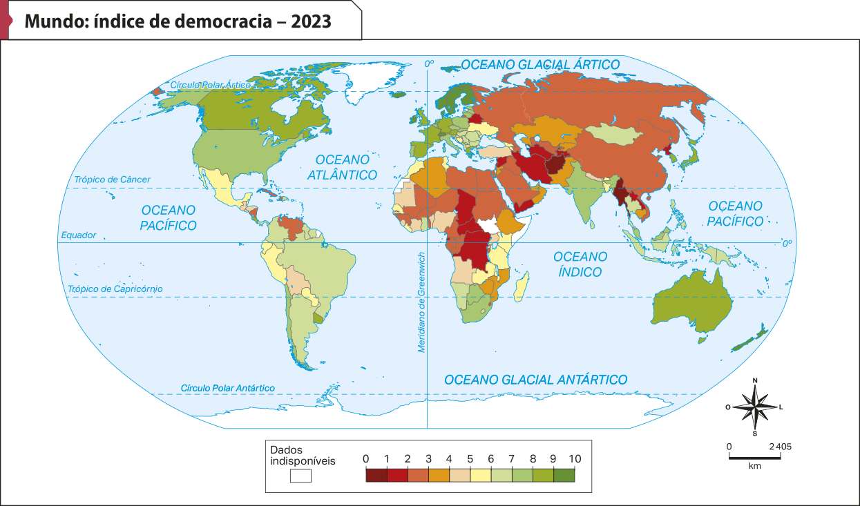 Mapa 'Mundo: índice de democracia – 2023'. De acordo com a legenda, os países menos democráticos se concentram na África e na Ásia. Os países mais democráticos localizam-se na América do Norte, na Europa e na Oceania.