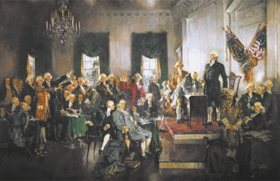 Pintura representando a Convenção Constitucional. À direita, sobre uma plataforma com dois degraus, encontra-se o presidente. Ele está em pé atrás de uma mesa, sobre a qual se encontra a constituição. Em frente à mesa, um homem assina o documento. Diante da plataforma, há três homens sentados. Um indivíduo sobe os degraus em direção à mesa. Os demais membros da convenção estão ao redor da plataforma e perto das janelas. Alguns deles erguem os braços.