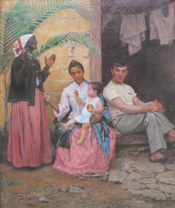 Pintura representando uma família. A avó, à esquerda, é negra. Ela está em pé, com a palma das mãos erguidas. O pai, à direita, é branco e está sentado na soleira da porta, com as pernas cruzadas. A mãe, ao centro, é negra e menos retinta que a avó. Ela está sentada, com um bebê branco no colo, e aponta a mão direita para a avó.