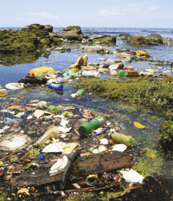 Imagem de praia poluída. Garrafas plásticas, isopor, sacolas e diversas embalagens estão boiando no mar.