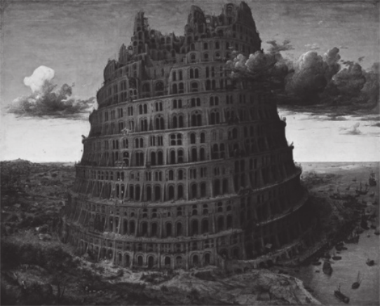 Pintura representando uma torre arredondada e inacabada, com níveis inclinados.