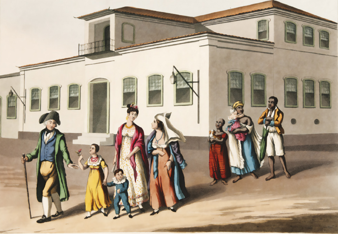 Pintura que representa uma família branca caminhando ao ar livre. À esquerda, uma menina segura a mão do irmão mais novo. Eles seguem o pai, que estende a mão esquerda para eles e se apoia em um cajado. Ao centro, atrás das crianças, uma jovem caminha ao lado da mãe. Atrás delas, à direita, há três pessoas negras escravizadas: uma menina, um homem e uma mulher, que carrega o bebê da senhora.