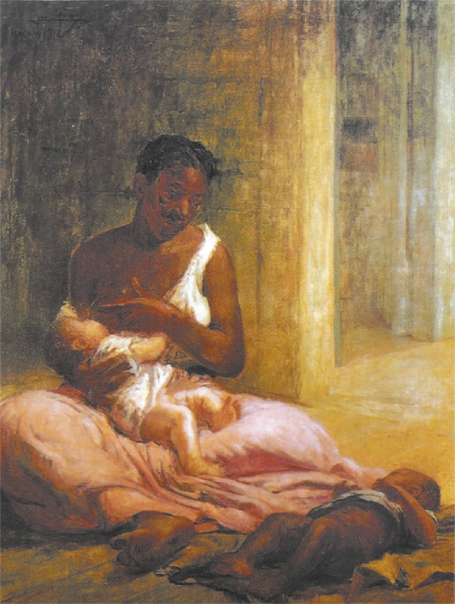 Pintura representando uma mulher negra escravizada. Ela está sentada no chão, amamentando um bebê branco. Diante dela, no chão, encontra-se um bebê negro deitado.