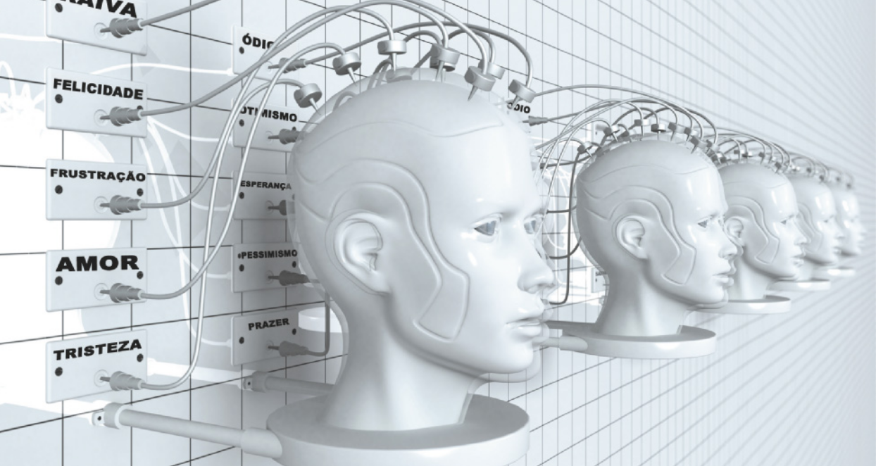 Imagem de modelos de cabeça humana. No topo de cada cabeça, há fios eletrônicos ligados a um painel com as seguintes entradas: raiva, felicidade, frustração, amor, tristeza, ódio, otimismo, esperança, pessimismo, prazer.