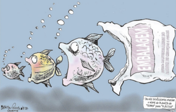 Charge representando uma cadeia alimentar. Três peixes de diferentes tamanhos estão enfileirados e tentam se devorar. O último peixe foge de um saco plástico. No canto inferior direito, encontra-se a seguinte frase: talvez devêssemos mudar o nome do planeta de 'Terra' para 'Plástico'.