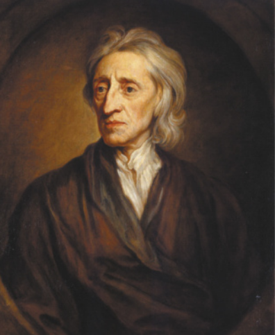 Pintura representando John Locke. Ele é branco, magro, idoso, possui cabelos brancos que se estendem até a nuca e usa casaco transpassado no peito.