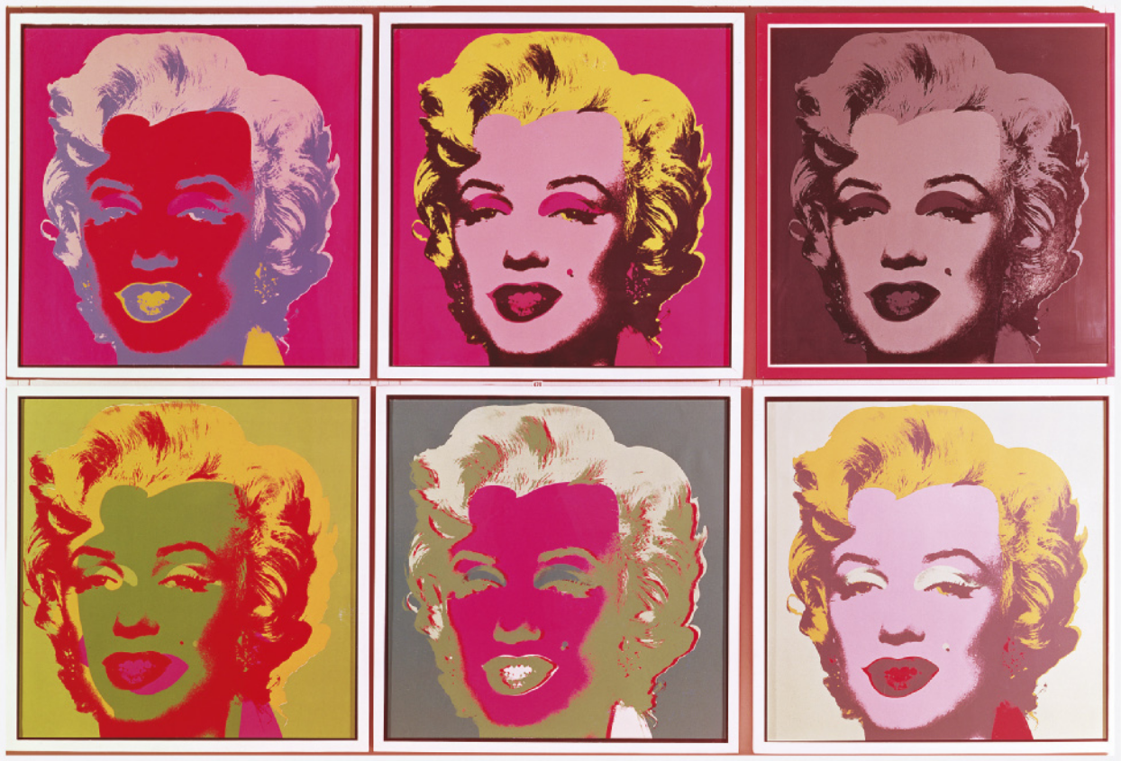 Serigrafia com o retrato de Marilyn Monroe reproduzido seis vezes, em diferentes cores.