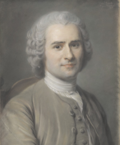 Pintura representando Jean-Jacques Rousseau. Ele é branco, jovem, possui cabelos brancos cacheados e usa blusa de gola alta, colete e casaco com botões.