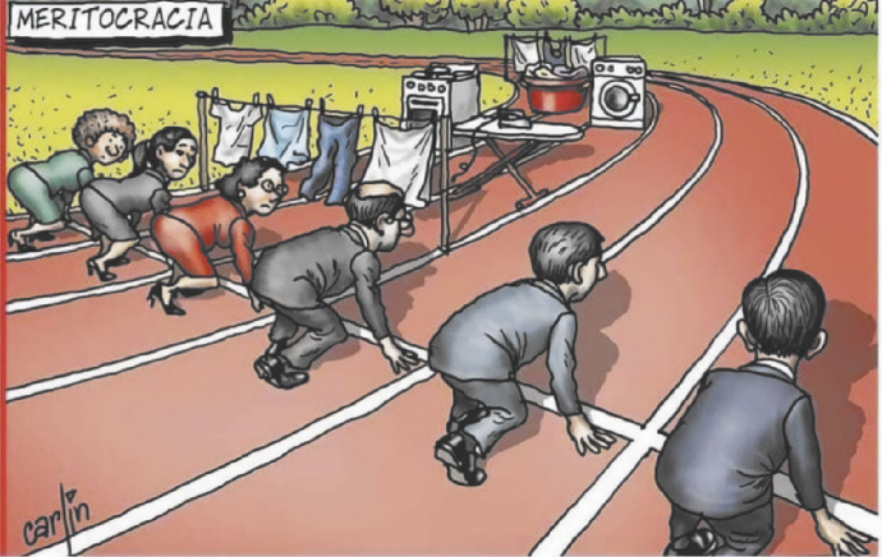 Charge 'Meritocracia'. Três executivos e três executivas estão posicionados em uma pista de atletismo. As raias deles estão livre. As raias delas estão bloqueadas com roupas penduradas em um varal, tábua de passar roupas, fogão e máquina de lavar roupas.