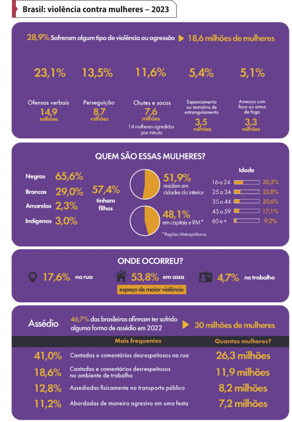 Infográfico 'Brasil: violência contra mulheres – 2023'. Os dados são os seguintes: 28,9 por cento sofreram algum tipo de violência ou agressão. 18,6 milhões de mulheres. 23,1 por cento ofensas verbais, 14,9 milhões. 13,5 por cento perseguição, 8,7 milhões. 11,6 por cento chutes e socos, 7,6 milhões, 14 mulheres agredidas por minuto. 5,4 por cento espancamento ou tentativa de estrangulamento, 3,5 milhões. 5,1 por cento ameaça com faca ou arma de fogo, 3,3 milhões. Quem são essas mulheres? 65,6 por cento negras, 29,0 por cento brancas, 2,3 por cento amarelas, 3,0 por cento indígenas. 57,4 por cento tinham filhos. 51,9 por cento residem em cidades do interior. 48,1 por cento em capitais e  R M (regiões metropolitanas). Idade. 16 a 24: 30,3 por cento. 25 a 34: 22,8 por cento. 35 a 44: 20,6 por cento. 45 a 59: 17,1 por cento. 60 e mais: 9,2 por cento. Onde ocorreu? 17,6 por cento na rua, 53,8 por cento em casa (espaço de maior violência), 4,7 por cento no trabalho. Assédio: 46,7 por cento das brasileiras afirmam ter sofrido alguma forma de assédio em 2022, 30 milhões de mulheres. Mais frequentes. 41,0 por cento cantadas e comentários desrespeitosos na rua, 26,3 milhões de mulheres. 18,6 por cento cantadas e comentários desrespeitosos no ambiente de trabalho, 11,9 milhões. 12,8 por cento assediadas fisicamente no transporte público, 8,2 milhões. 11,2 por cento abordadas de maneira agressiva em uma festa, 7,2 milhões.