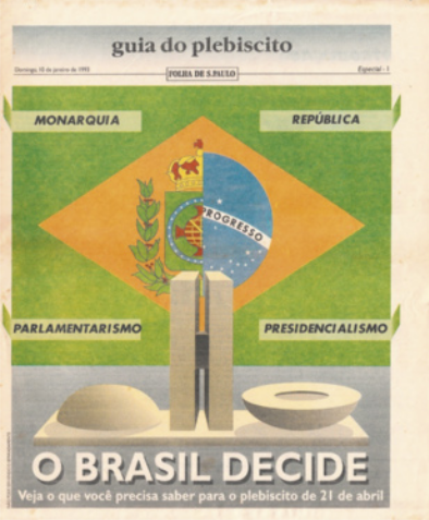 Capa de um guia com a imagem do edifício do Congresso Nacional. Atrás do edifício, há duas bandeiras pela metade. A metade à esquerda pertence à bandeira do Brasil Império, com as palavras monarquia no canto superior e parlamentarismo no canto inferior. A metade à direita pertence à bandeira da República Federativa do Brasil, com as palavras República no canto superior e presidencialismo no canto inferior. Abaixo do Congresso Nacional, encontra-se o seguinte texto: O Brasil decide. Veja o que você precisa saber para o plebiscito de 21 de abril.