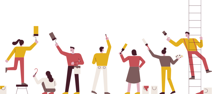 Ilustração de diversas pessoas pintando uma parede. As pessoas seguram pincéis e há latas de tinta espalhadas. Uma das pessoas está sobre um banquinho, e outra está em cima de uma escada.