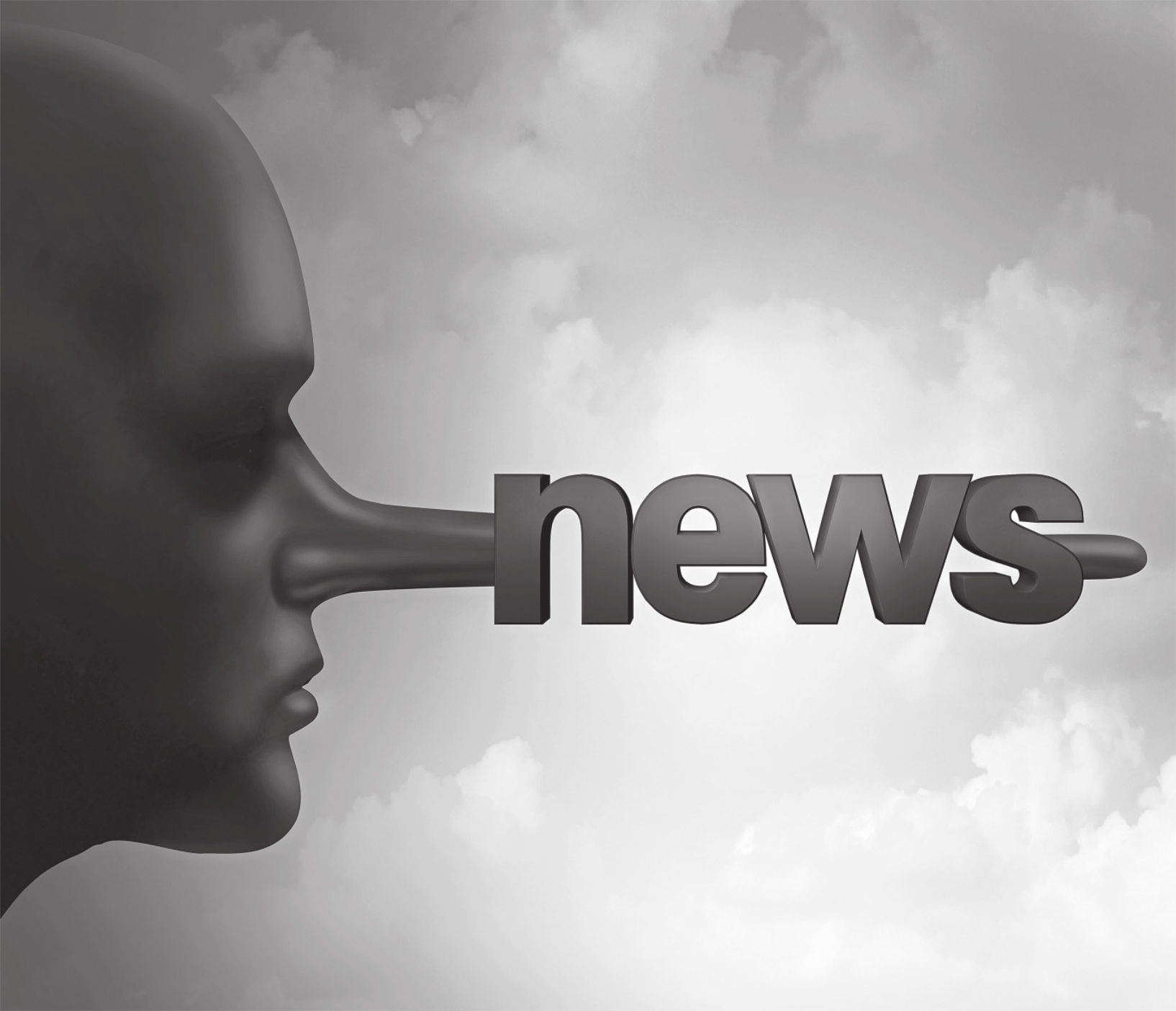 Imagem do rosto de uma pessoa de perfil. Seu nariz se alonga para a direita da imagem. A palavra 'news' está escrita sobre o nariz da pessoa.