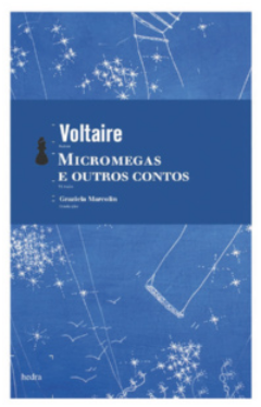 Capa do livro Micrômegas e outros contos, de Voltaire. A capa é ilustrada com desenhos de estrelas e traços.