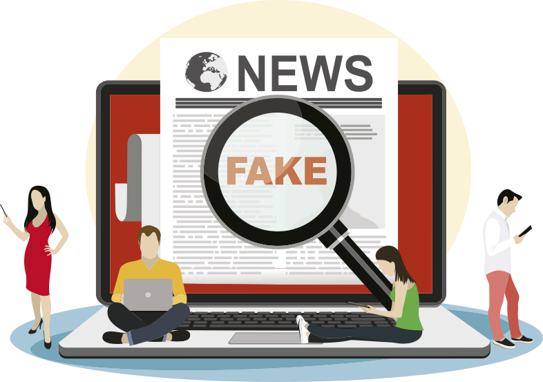 Ilustração representando uma 'fake news'. Há uma notícia de jornal ou revista saindo da tela de um computador. Uma lupa analisa a notícia e revela a palavra 'fake' através da lente. Há algumas pessoas ao redor do computador olhando celulares e computadores.