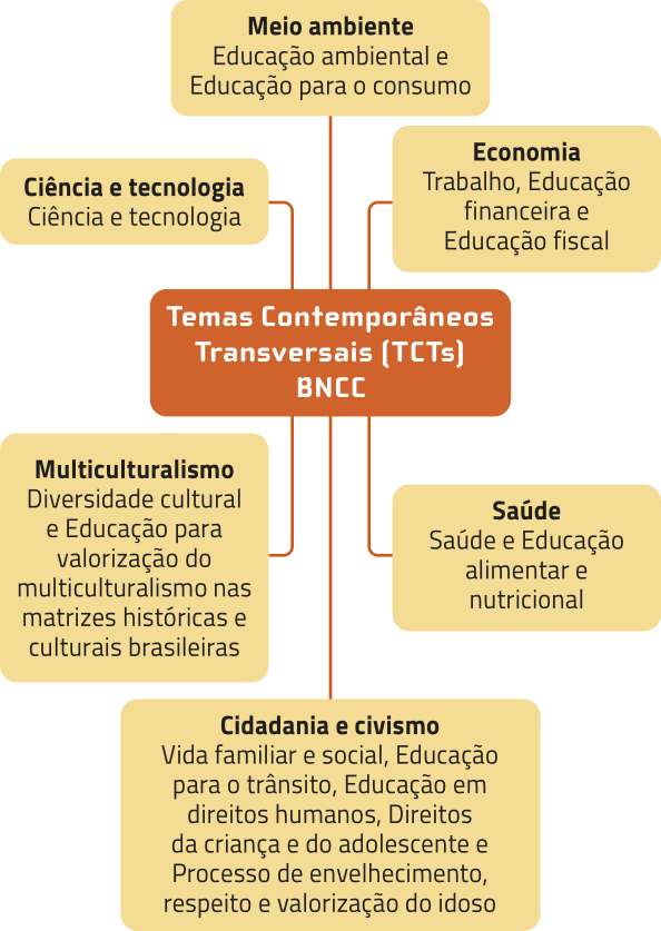 Fluxograma com uma caixa central linhas para outras seis caixas. A caixa central contém o texto: 'Temas Contemporâneos Transversais (TCTs) na BNCC'. As demais caixas contêm os seguintes temas: Meio ambiente: Educação ambiental e Educação para o consumo. Economia: Trabalho, Educação financeira e Educação fiscal. Saúde: Saúde e Educação alimentar e nutricional. Cidadania e civismo: Vida familiar e social, Educação para o trânsito, Educação em Direitos Humanos, Direitos da Criança e do Adolescente e Processo de envelhecimento, respeito e valorização do idoso. Ciência e tecnologia: ciência e tecnologia. Multiculturalismo: Diversidade cultural e Educação para valorização do multiculturalismo nas matrizes históricas e culturais brasileiras.