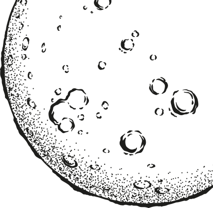 Ilustração em preto e branco da lua e suas crateras.
