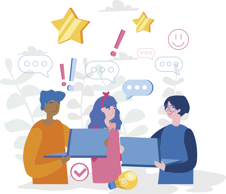 Ilustração de pessoas segurando notebook e discutindo em grupo. Ao redor, há diversos ícones, como lâmpadas, estrelas, balões de fala, pontos de exclamação, entre outros.