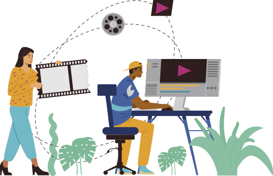 Ilustração de um jovem fazendo a edição de um vídeo no computador. O jovem está sentado a uma mesa com um grande monitor. Na tela do monitor, há o símbolo de 'play'. Ao lado do jovem, há uma mulher segurando um pedaço de uma linha de tempo de filme. Na parte inferior da ilustração, há plantas.