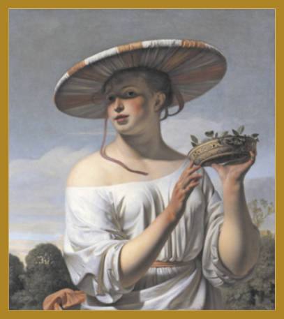 Pintura de uma mulher usando um chapéu de abas largas com um padrão listrado, e um vestido tomara-que-caia. Ela é branca e está segurando um chapéu menor nas mãos.