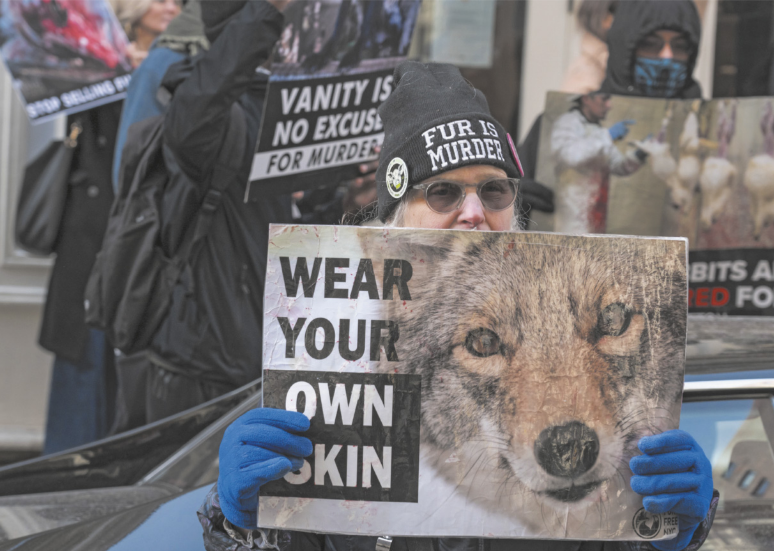 Fotografia de uma mulher segurando um cartaz com uma foto de uma raposa, e os dizeres 'Wear your own skin'. Ela está usando luvas e um gorro, onde está escrito: 'Fur is murder'.