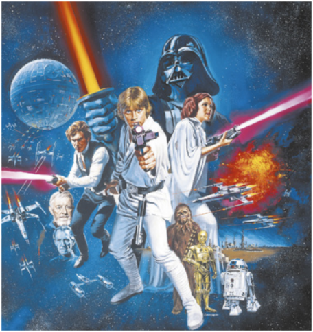 Cartaz do filme Guerra nas estrelas. O cartaz é ilustrado por alguns dos personagens do filme. Eles estão em posição de ataque, segurando sabres de luz. Ao fundo, naves espaciais sobrevoam o céu, e há uma explosão próxima.