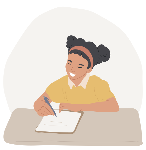 Ilustração de uma menina sorrindo e escrevendo em uma folha de papel em cima da carteira.