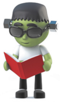Imagem do boneco Frankestein consultando um livro aberto.