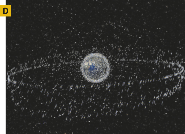 D. Imagem representando o planeta Terra com partículas de lixo circundando o planeta.