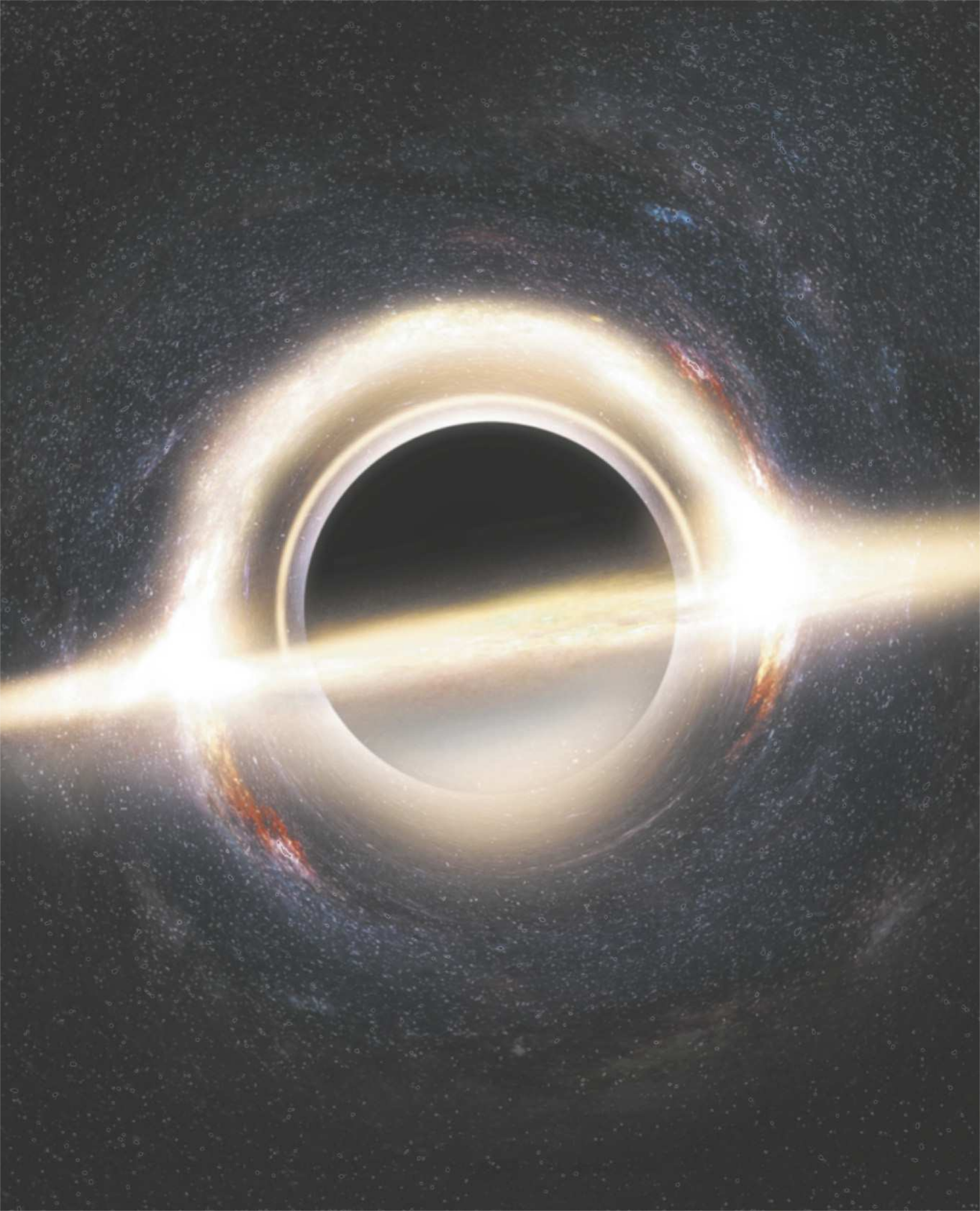Imagem representando um buraco negro. Há um círculo de luz branca, com um traço horizontal de luz que o corta ao meio.