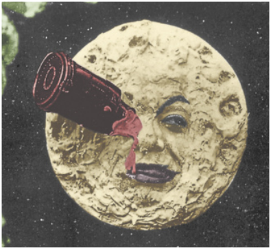 Imagem contendo a lua com olhos, nariz e boca. Há um projétil alongado e cilíndrico cravado no olho direito da lua.