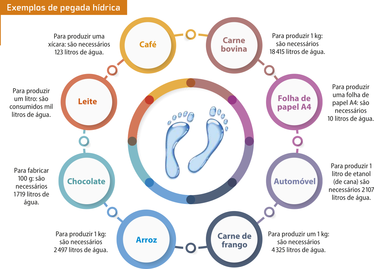 Infográfico 'Exemplos de pegada hídrica'. No centro, há a ilustração de duas pegadas humanas. Ao redor, há círculos contendo a pegada hídrica de diferentes produtos. As informações são as seguintes: Café: Para produzir uma xícara: são necessários 123 litros de água; Carne bovina: Para produzir 1 kg: são necessários 18.415 litros de água; Folha de papel A4: Para produzir uma folha de papel A4: são necessários 10 litros de água; Automóvel: Para produzir 1 litro de etanol (de cana) são necessários 2.107 litros de água; Carne de frango: Para produzir um 1 kg: são necessários 4.325 litros de água; Arroz: Para produzir 1 kg: são necessários 2.497 litros de água; Chocolate: Para fabricar 100 g: são necessários 1.719 litros de água; Leite: Para produzir um litro: são consumidos mil litros de água.