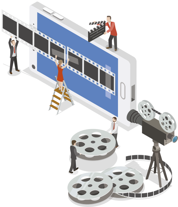 Ilustração de pessoas trabalhando em um 'set' de filmagem. Há um celular virado para o lado, de cuja tela está saindo uma linha do tempo de filme. Há um homem em cima do celular segurando uma claquete. Além deles, há um homem no chão, e uma mulher em cima de uma escada, ambos segurando a linha do tempo do filme. À frente da imagem, há dois homens carregando um grande rolo de filme. Ao lado deles, há uma câmera de filmagem antiga.