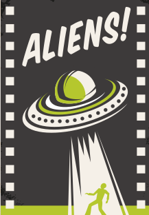 Ilustração de um pôster de filme de ficção científica contendo o título 'Aliens' e a ilustração de uma nave abduzindo uma pessoa.