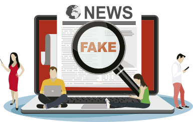 Ilustração representando uma 'fake news'. Há uma notícia de jornal ou revista saindo da tela de um computador. Uma lupa analisa a notícia e revela a palavra 'fake' através da lente. Há algumas pessoas ao redor do computador olhando celulares e computadores.