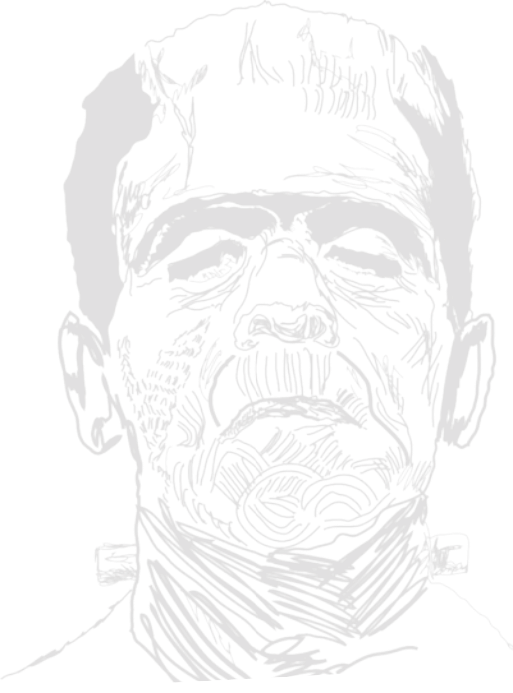 Ilustração do rosto do Frankestein. A ilustração está com opacidade reduzida.