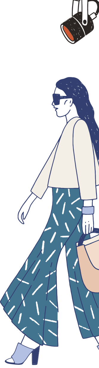 Ilustração de uma mulher usando camiseta de manga longa, calças largas, sapatos de salto, óculos escuros e segurando uma bolsa. Há um holofote logo acima da cabeça da mulher.