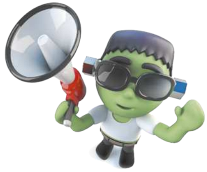 Imagem do boneco Frankestein segurando um megafone.