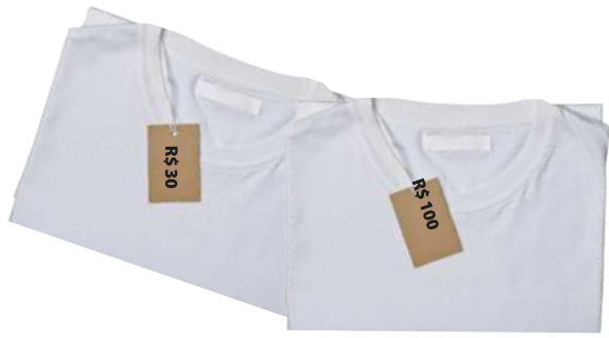 Fotografia de duas camisetas brancas dobradas e com etiquetas. A primeira etiqueta diz '30 reais' e a segunda, '100 reais'.