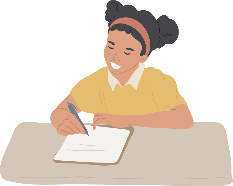 Ilustração de uma menina sorrindo e escrevendo em uma folha de papel em cima da carteira.