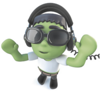 Imagem do boneco Frankestein usando fones de ouvido com as mãos para o alto.