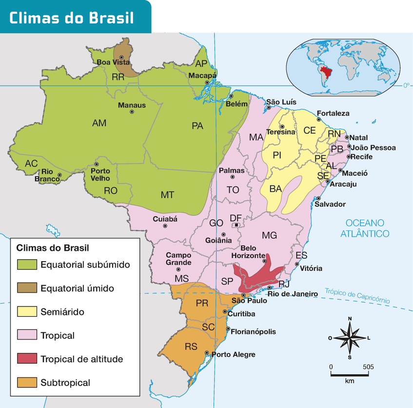 Mapa 'Climas do Brasil'. A região norte é predominantemente marcada pelo clima Equatorial subúmido, exceto por uma pequena região em Roraima, cujo clima é Equatorial úmido. A região mais interior do nordeste, incluindo Ceará, a maior parte do Piauí, e parte do Maranhão, Rio Grande do Norte, Paraíba, Pernambuco, Alagoas, Sergipe e Bahia é caracterizado pelo clima Semiárido. O restante, especialmente o litoral do nordeste, é marcado pelo clima Tropical. A região centro-oeste é majoritariamente marcada pelo clima Tropical. O norte do Mato Grosso e sul do Mato Grosso do Sul apresentam climas Equatorial subúmido e Subtropical, respectivamente. O sudeste é marcado pelo clima Tropical, e em partes pelo clima Tropical de altitude, exceto pelo sul de São Paulo, marcado pelo clima Subtropical. A região sul é marcada pelo clima Subtropical.