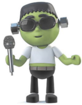 Imagem do boneco Frankestein segurando um microfone.
