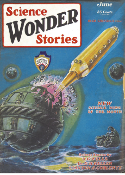 Capa de revista contendo título, mês, e autores. A revista é ilustrada por um grande projétil atravessando o espaço, e atingindo uma grande esfera metálica. O local onde o projétil atingiu a esfera está quebrado, e há uma explosão. Os dois elementos estão acima de um corpo de água que se assemelha ao mar. Há corpos celestes orbitando o céu de ambos os lados.