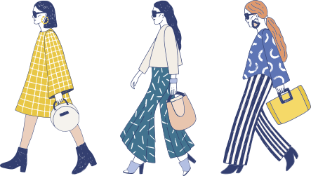 Ilustração de três mulheres usando roupas modernas, óculos escuros e bolsas.
