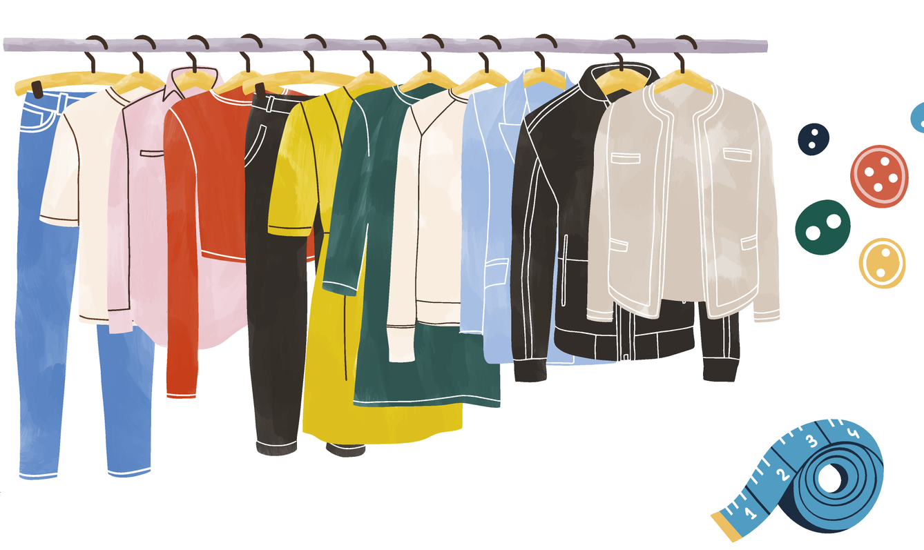 Ilustração contendo uma arara de roupas, como jaquetas, camisetas e calças. Ao lado, há botões e uma fita métrica.